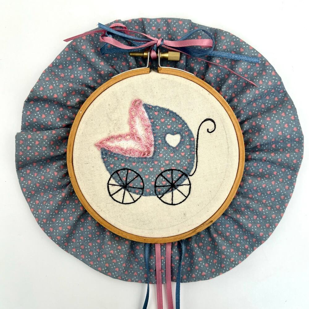 Vintage 80s Handmade Baby Carriage Embroidery Hoop Mother Goose Nursery Decor
